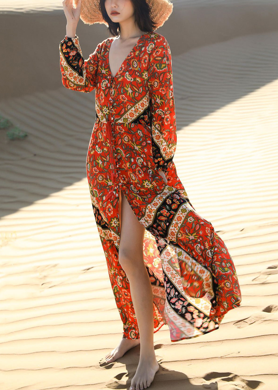 Lace Print Fall Red Pockets Long Beautiful Dress Up FashionChic