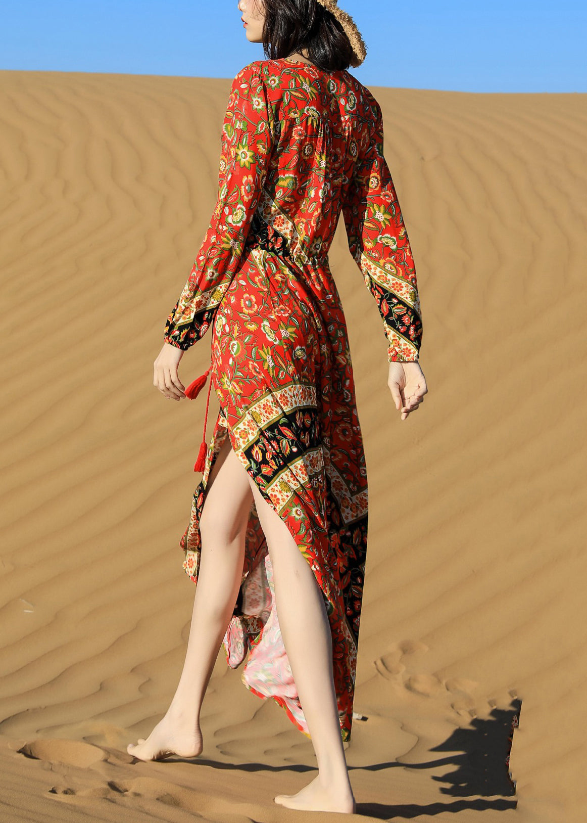 Lace Print Fall Red Pockets Long Beautiful Dress Up FashionChic