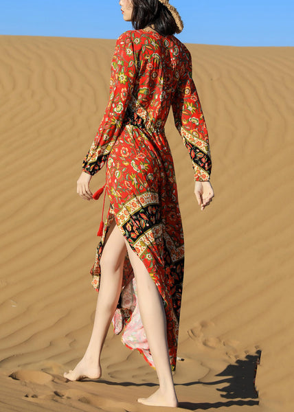 Lace Print Fall Red Pockets Long Beautiful Dress Up FashionChic