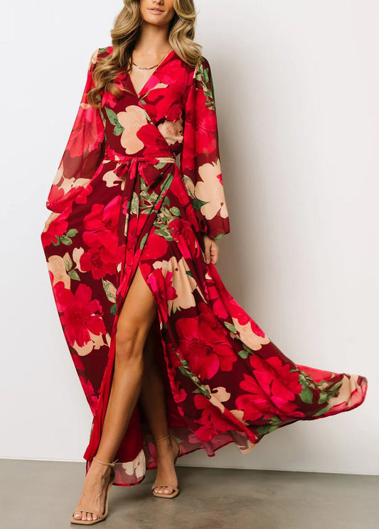 Beautiful Red Print Side Open Cotton Maxi Dresses Fall AU1024 OM-ZS240902