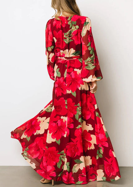 Beautiful Red Print Side Open Cotton Maxi Dresses Fall AU1024 OM-ZS240902