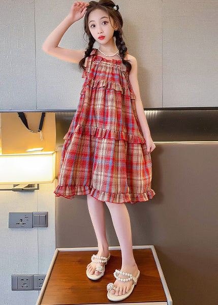 Beautiful Red Slash Neck Ruffled Plaid Patchwork Girls Slip Long Dress Summer GF016 MM-RCTZ-SDL230724