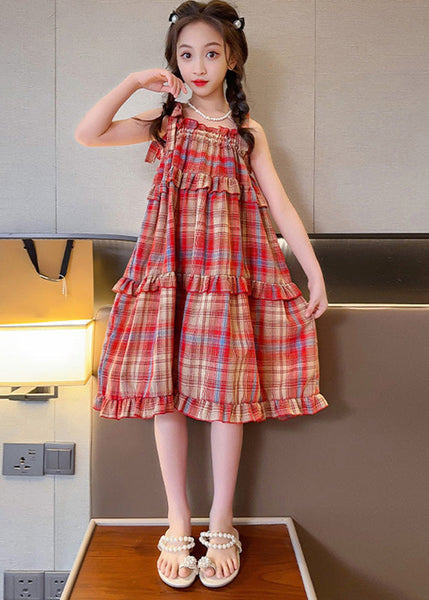 Beautiful Red Slash Neck Ruffled Plaid Patchwork Girls Slip Long Dress Summer GF016 MM-RCTZ-SDL230724