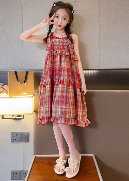 Beautiful Red Slash Neck Ruffled Plaid Patchwork Girls Slip Long Dress Summer GF016 MM-RCTZ-SDL230724