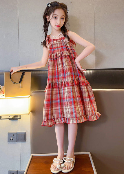 Beautiful Red Slash Neck Ruffled Plaid Patchwork Girls Slip Long Dress Summer GF016 MM-RCTZ-SDL230724