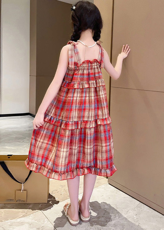 Beautiful Red Slash Neck Ruffled Plaid Patchwork Girls Slip Long Dress Summer GF016 MM-RCTZ-SDL230724