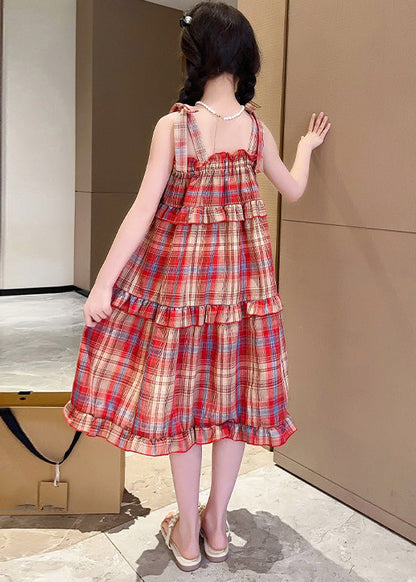 Beautiful Red Slash Neck Ruffled Plaid Patchwork Girls Slip Long Dress Summer GF016 MM-RCTZ-SDL230724