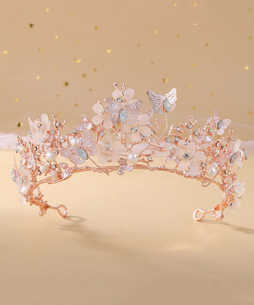 Beautiful Rose Gold Crown Baroque Pearl Butterfly Rhinestone Kids Crown IU033 TZ-FQ-HAI240802