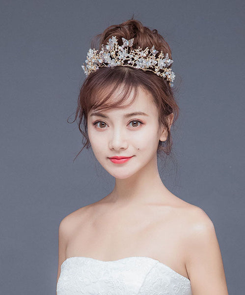 Beautiful Rose Gold Crown Baroque Pearl Butterfly Rhinestone Kids Crown IU033 TZ-FQ-HAI240802