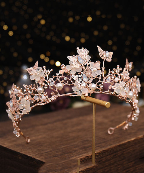Beautiful Rose Gold Crown Baroque Pearl Butterfly Rhinestone Kids Crown IU033 TZ-FQ-HAI240802