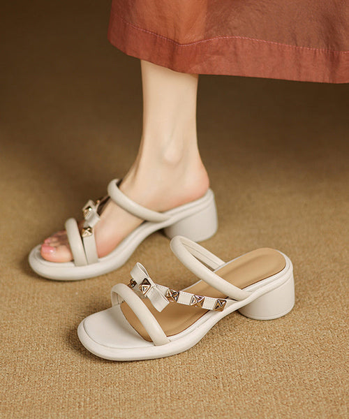 Sandals Cowhide Chunky Black Leather Beautiful Splicing Slide FashionChic