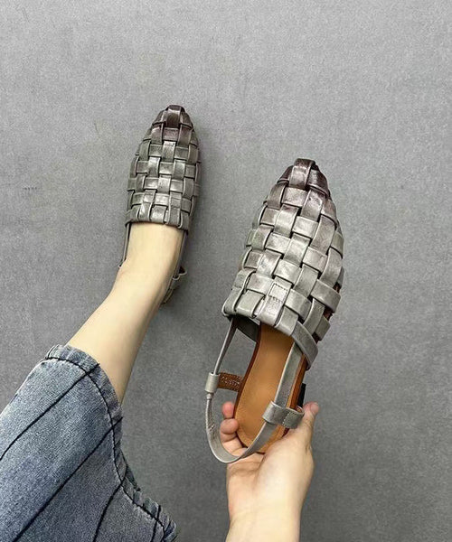 Out Grey Beautiful Splicing Sandals Hollow Chunky Leather Cowhide FashionChic