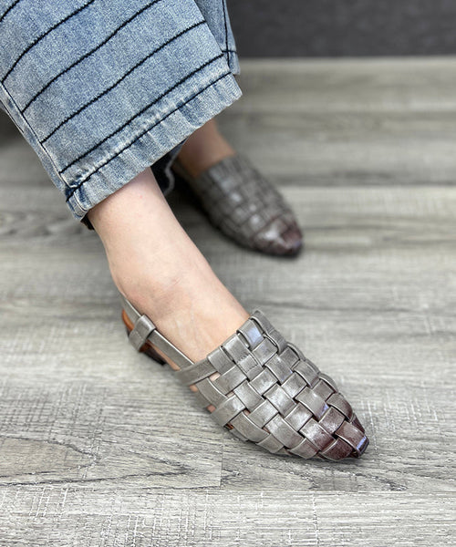 Out Grey Beautiful Splicing Sandals Hollow Chunky Leather Cowhide FashionChic