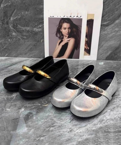 Beautiful Leather Black Shoes Comfy Faux Flat Splicing FashionChic
