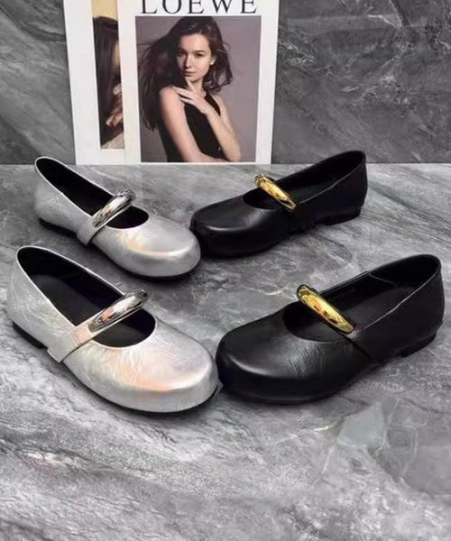 Beautiful Leather Black Shoes Comfy Faux Flat Splicing FashionChic