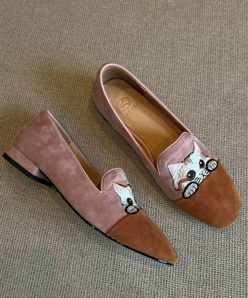 Beautiful Splicing Penny Loafers Brown Suede Embroidered YC015 ABC