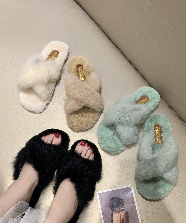 Beautiful Splicing Slippers Shoes Light Green Fuzzy Fur OM020 ABC