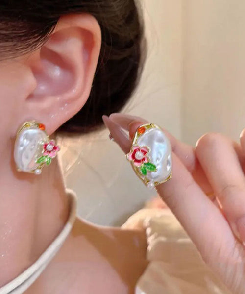 Stud Beautiful Earrings White Pearl Alloy Copper Asymmetrical FashionChic