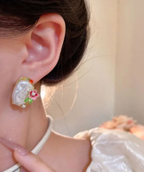 Stud Beautiful Earrings White Pearl Alloy Copper Asymmetrical FashionChic