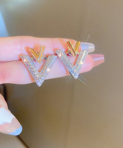 Beautiful White Copper Zircon Graphic V Shape Stud Earrings YX021 ABC