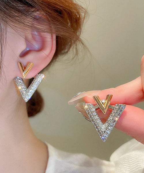 Beautiful White Copper Zircon Graphic V Shape Stud Earrings YX021 ABC