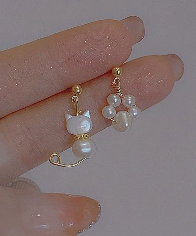 Beautiful White Gold Copper Overgild Pearl Little Cats Asymmetric Drop Earrings KX1021 Ada Fashion