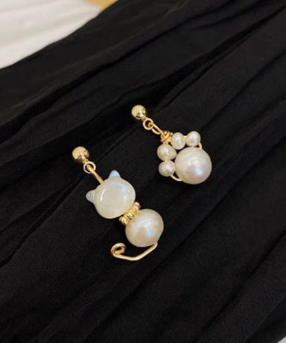 Beautiful White Gold Copper Overgild Pearl Little Cats Asymmetric Drop Earrings KX1021 Ada Fashion