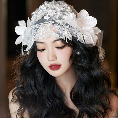 Beautiful White Lace Patchwork Pearl Floral Hat ZZ035 JEW-HAT240613