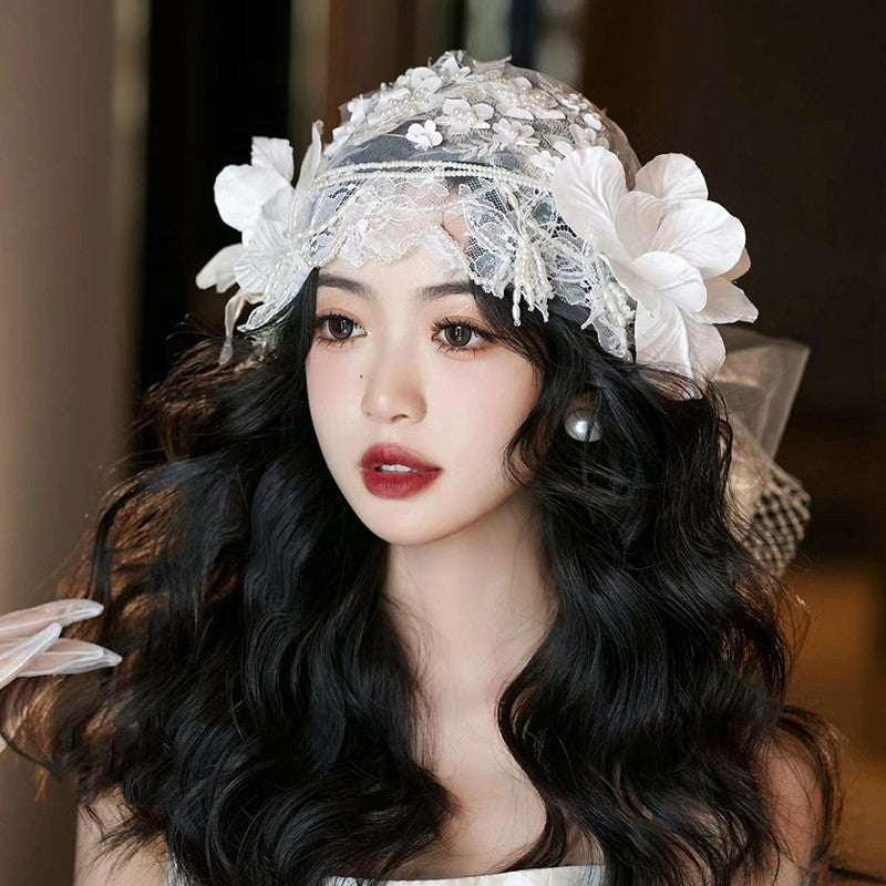 Beautiful White Lace Patchwork Pearl Floral Hat ZZ035 JEW-HAT240613