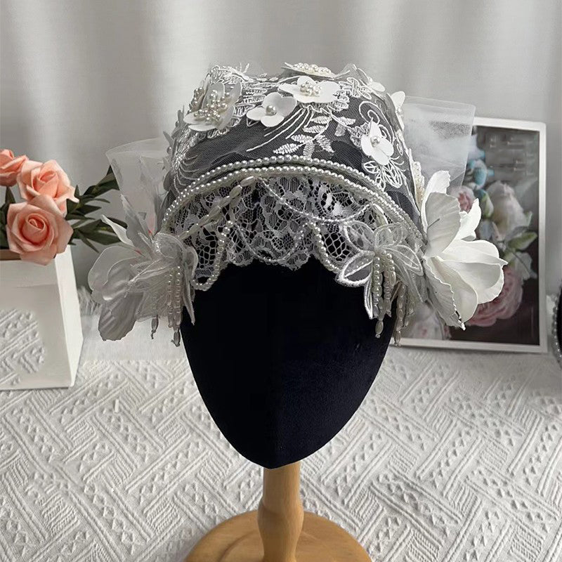 Beautiful White Lace Patchwork Pearl Floral Hat ZZ035 JEW-HAT240613