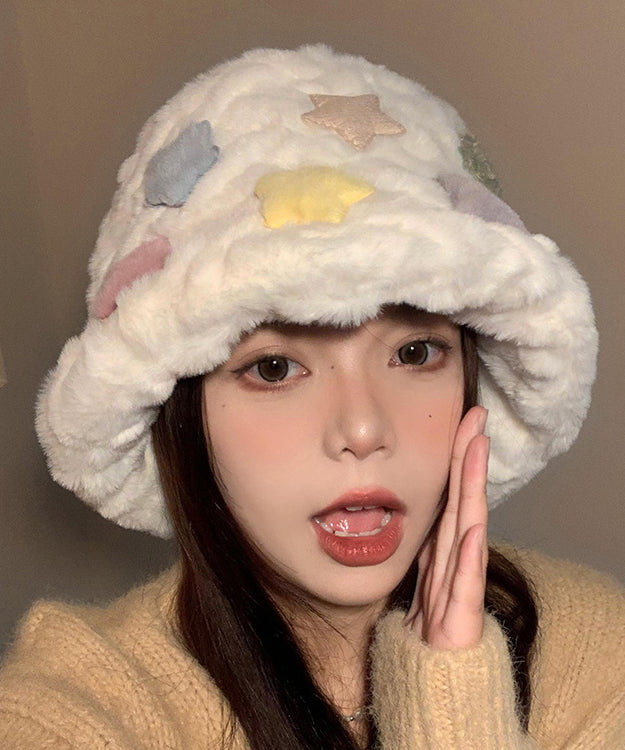 Beautiful White Patch Thick Warm Faux Fur Bucket Hat RS005 ABC