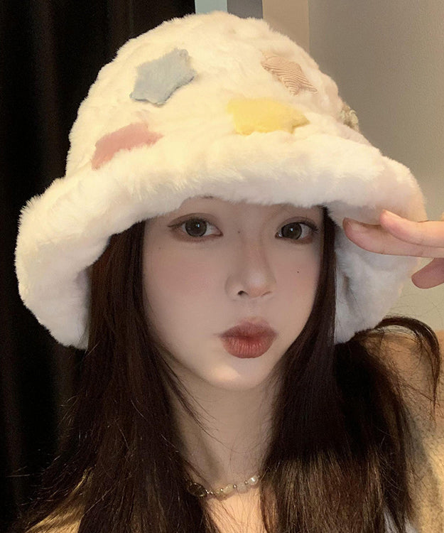 Beautiful White Patch Thick Warm Faux Fur Bucket Hat RS005 ABC