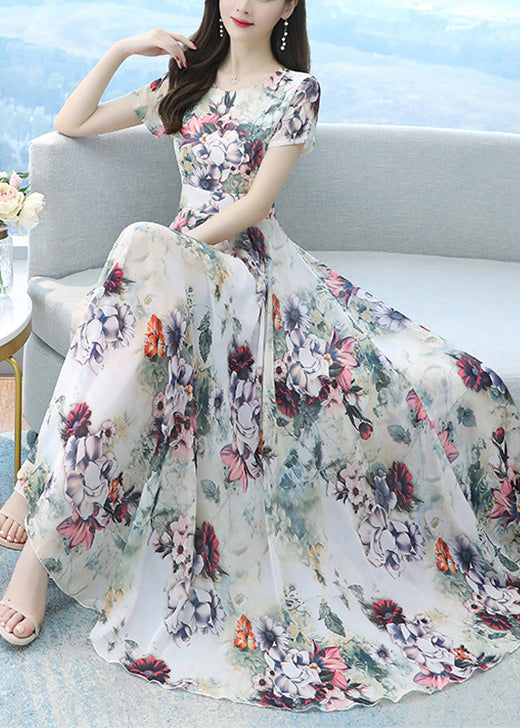 Beautiful White Print Exra Large Hem Chiffon Vacation Dresses Summer OO043 OM-CS240814