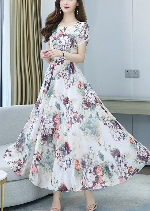 Beautiful White Print Exra Large Hem Chiffon Vacation Dresses Summer OO043 OM-CS240814