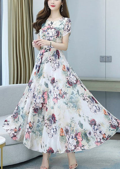 Beautiful White Print Exra Large Hem Chiffon Vacation Dresses Summer OO043 OM-CS240814