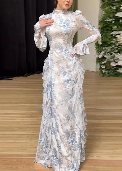 Ruffles Beautiful Print Long White Dresses Chiffon Spring FashionChic