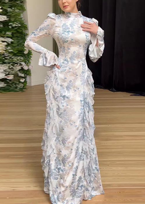 Ruffles Beautiful Print Long White Dresses Chiffon Spring FashionChic