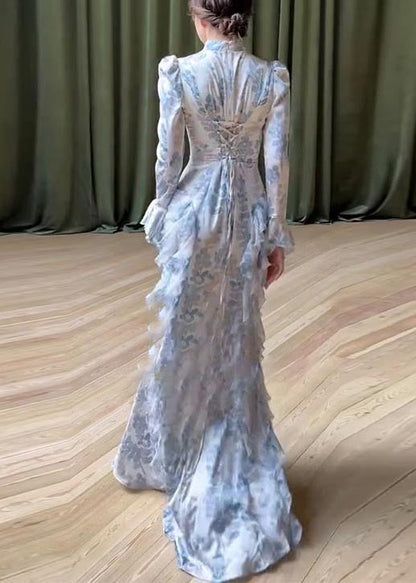 Ruffles Beautiful Print Long White Dresses Chiffon Spring FashionChic