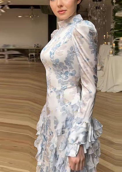 Ruffles Beautiful Print Long White Dresses Chiffon Spring FashionChic