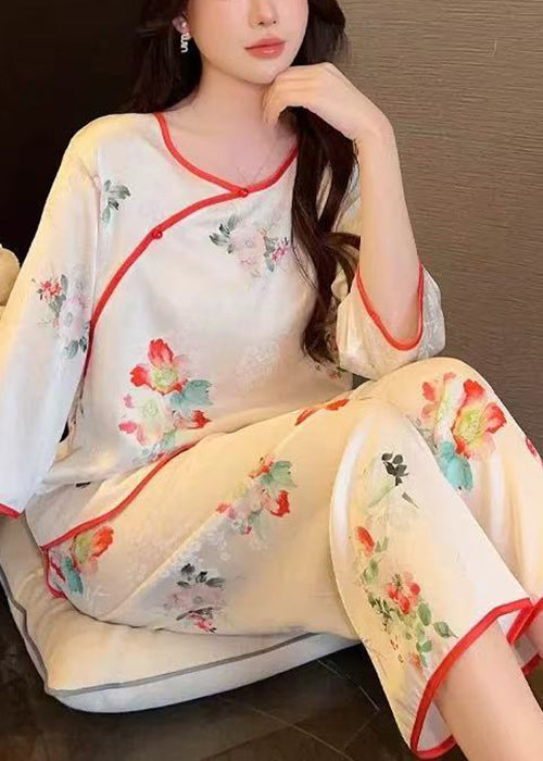 Beautiful White Print Tops And Crop Pants Ice Silk Pajamas Two-Piece Set Summer YK003 ABC