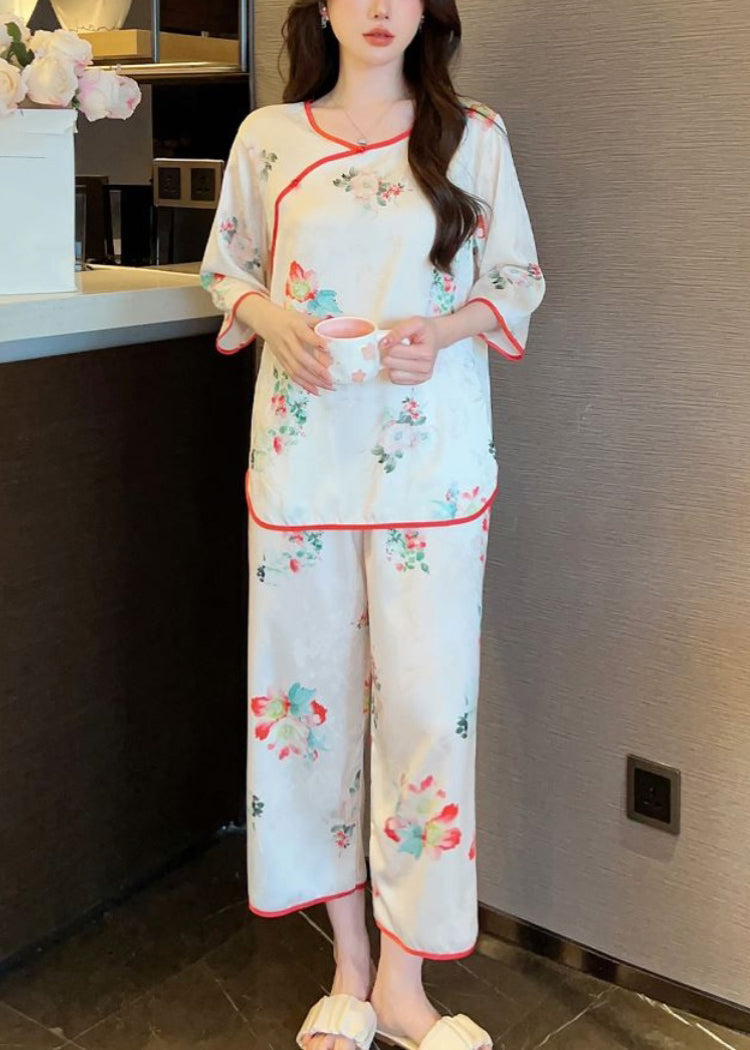 Beautiful White Print Tops And Crop Pants Ice Silk Pajamas Two-Piece Set Summer YK003 ABC