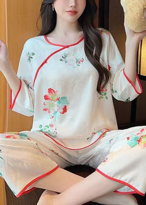 Beautiful White Print Tops And Crop Pants Ice Silk Pajamas Two-Piece Set Summer YK003 ABC