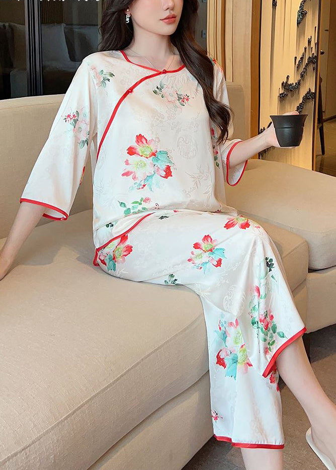 Beautiful White Print Tops And Crop Pants Ice Silk Pajamas Two-Piece Set Summer YK003 ABC