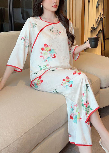 Beautiful White Print Tops And Crop Pants Ice Silk Pajamas Two-Piece Set Summer YK003 ABC