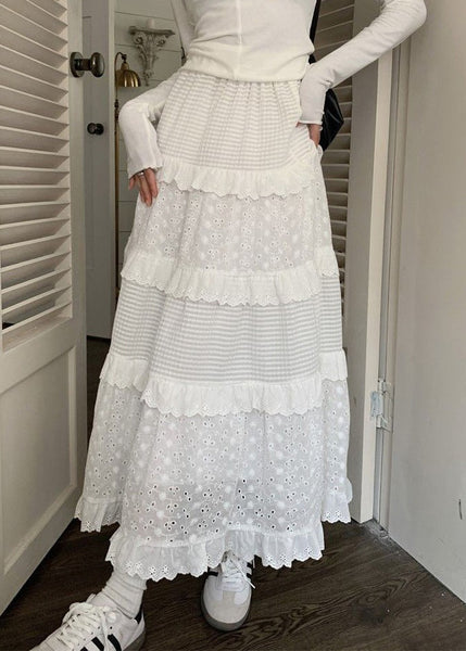 Beautiful White Ruffled Hollow Out Cotton Skirts Summer GH1091 Ada Fashion