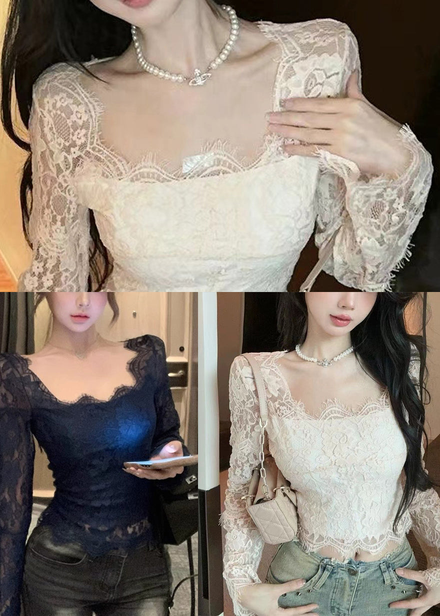 Beautiful White Square Collar Silm Fit Lace Tops Spring YP024 ABC