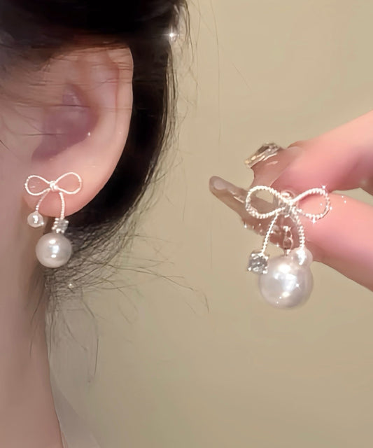 Earrings White Sterling Bow Alloy Drop Beautiful Pearl Silver FashionChic
