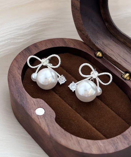 Earrings White Sterling Bow Alloy Drop Beautiful Pearl Silver FashionChic