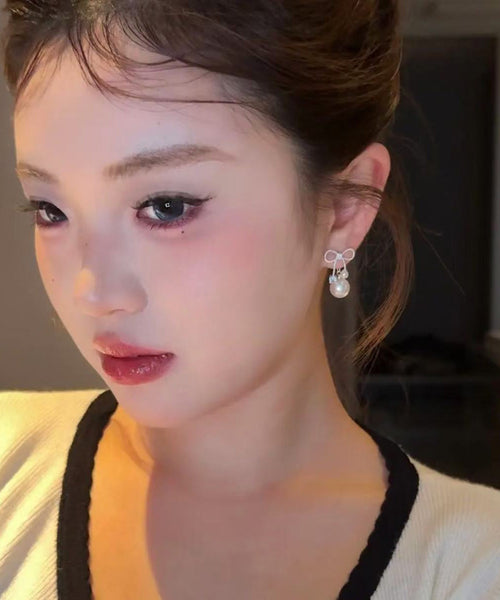 Earrings White Sterling Bow Alloy Drop Beautiful Pearl Silver FashionChic