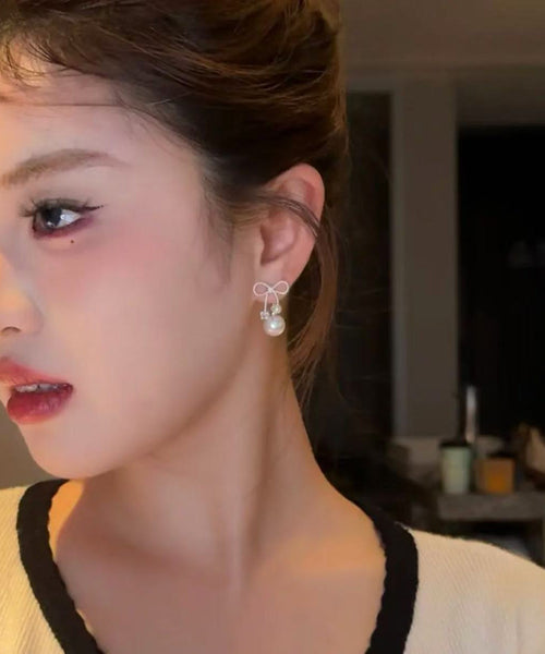 Earrings White Sterling Bow Alloy Drop Beautiful Pearl Silver FashionChic